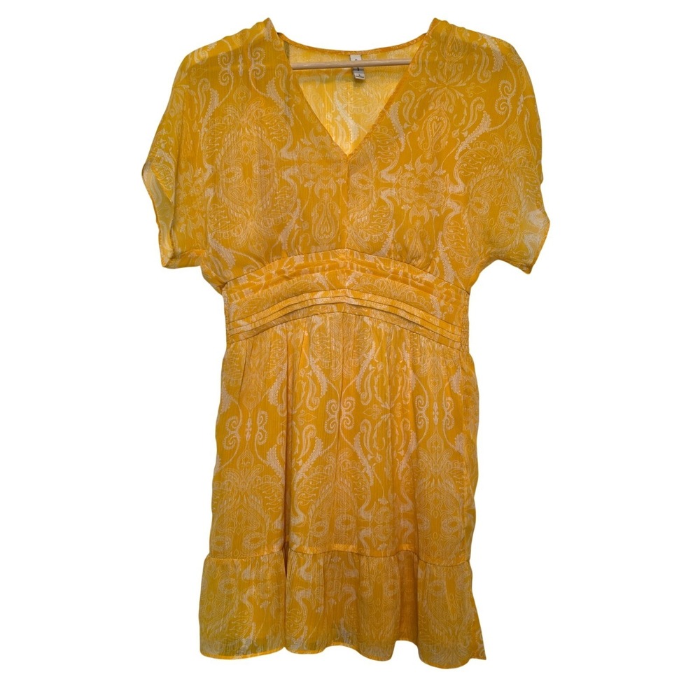 Gentle Fawn Paisley Print Chiffon V-Neck Mini Dress Yellow Size Small